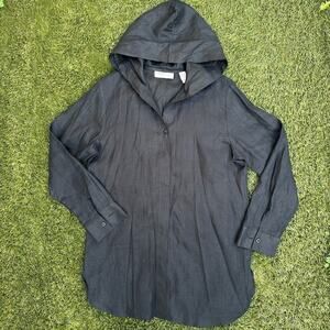 Vintage 100% Linen Long Line Cardigan With Hood Lagenlook Quiet Luxury Layer MP